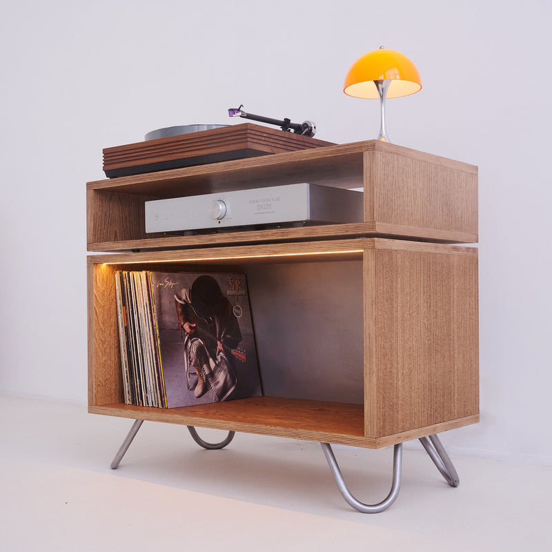 Small Stack Hi-Fi Stand | [Oak Veneered Birch Ply] Vinyl Record Player Stand | Optional LED Lighting